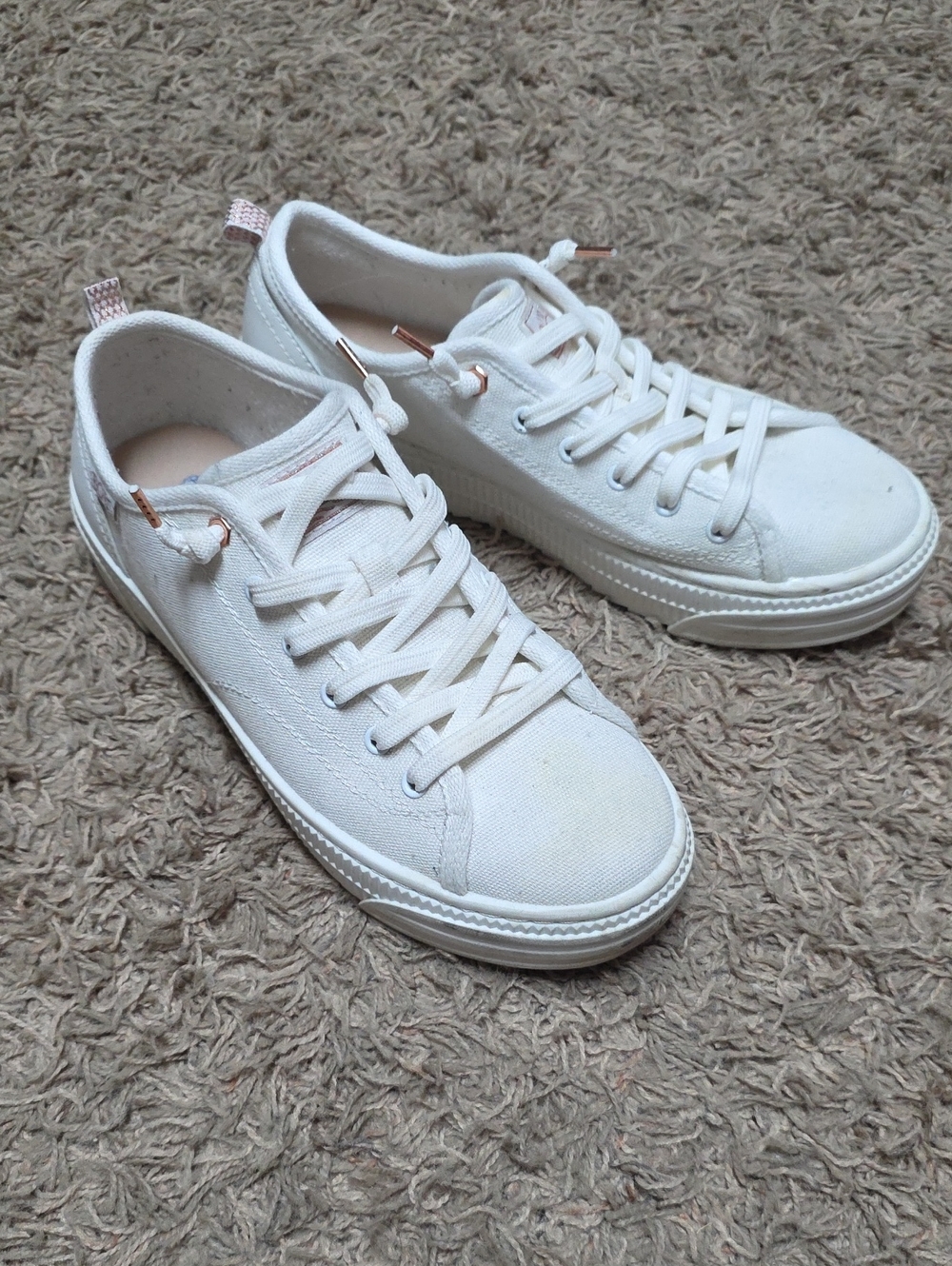 BOBS from Skechers White Canvas Sneakers with Rose Gold Accents